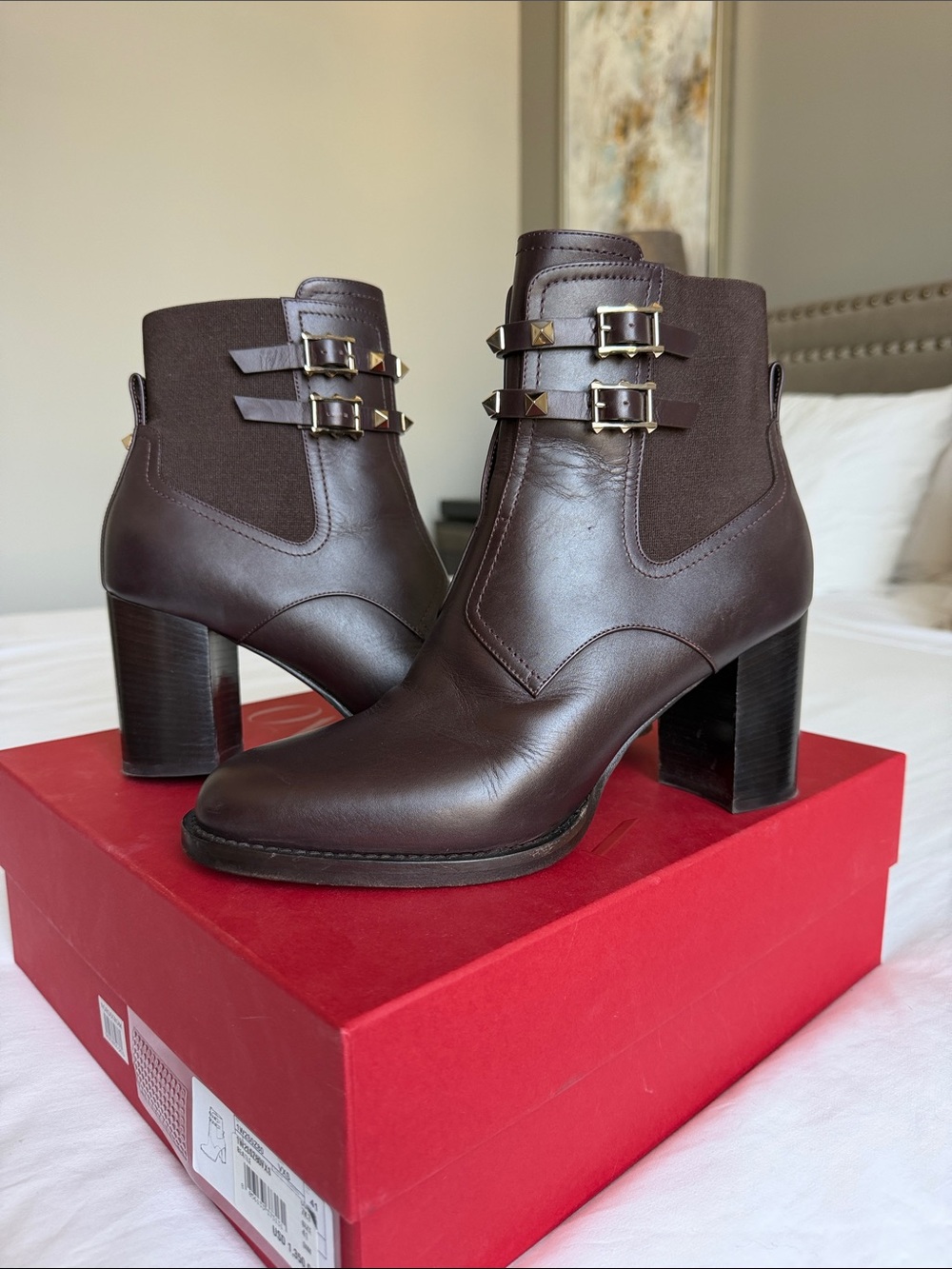 Valentino Garavani Dark Brown Leather Ankle Boots with Gold Buckles
